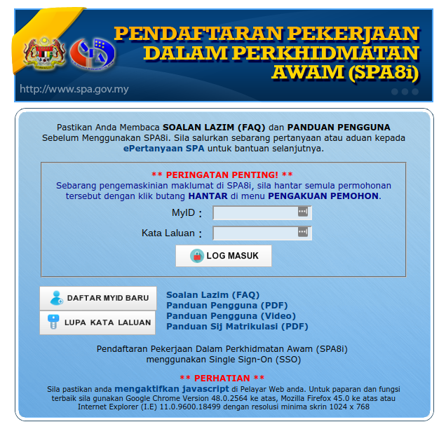 SPA8i Login - Permohonan dan Kemaskini Data Online